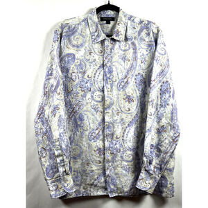 OGGI MODA Mens Large 100% Linen Paisley Multi-color Long Sleeve Button Up Shirt